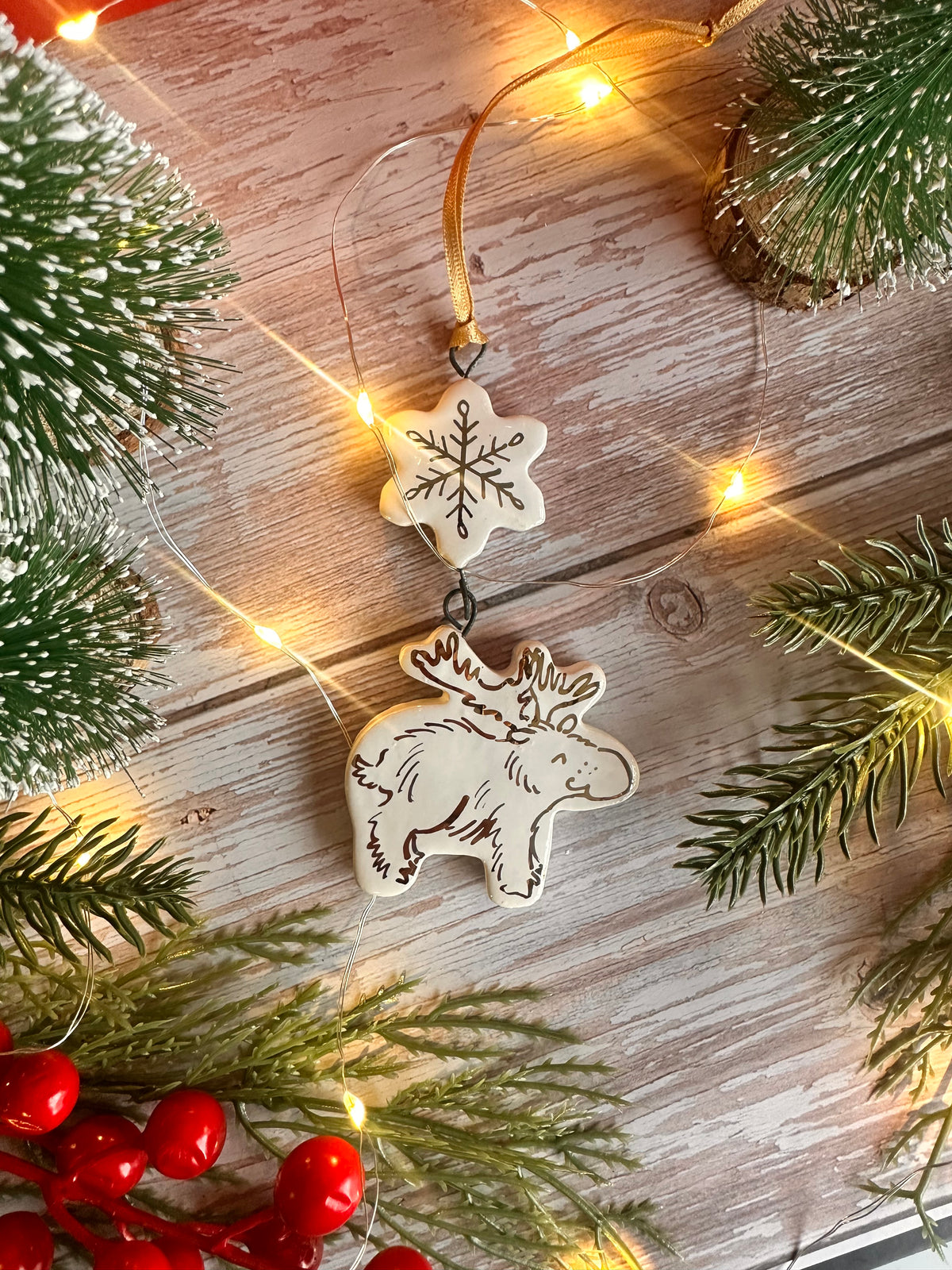 Golden Moose and Snowflake Hanging Decoration