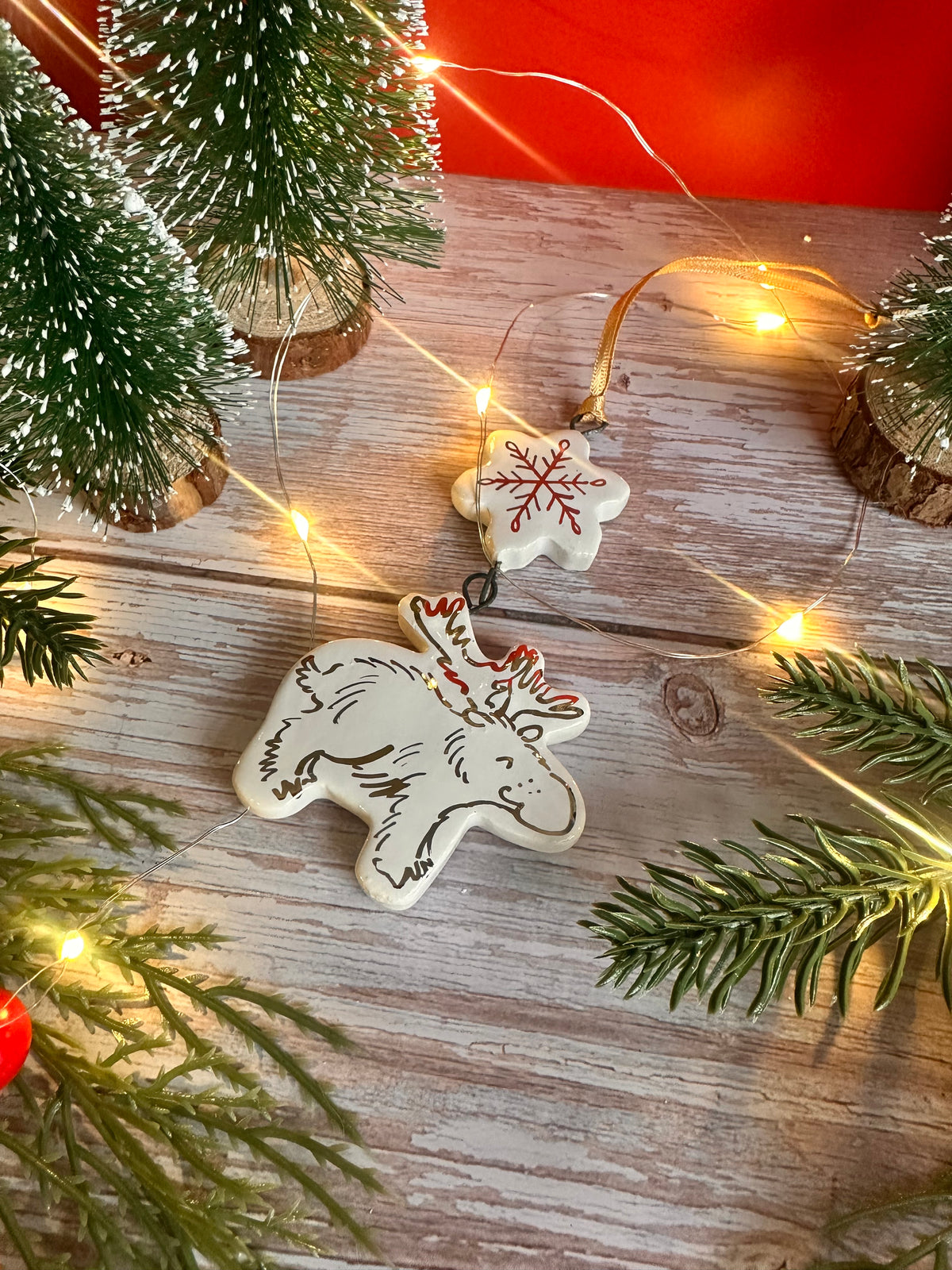 Golden Moose and Snowflake Hanging Decoration
