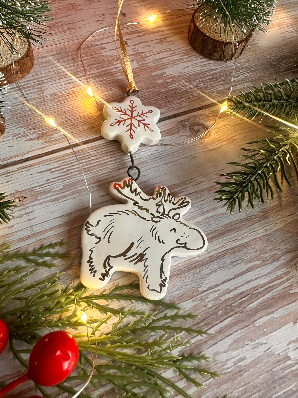 Golden Moose and Snowflake Hanging Decoration