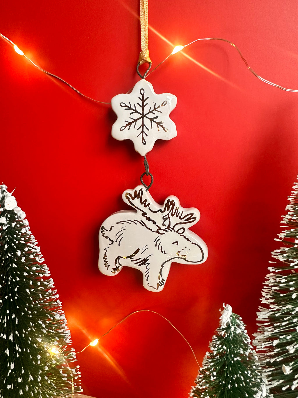 Golden Moose and Snowflake Hanging Decoration