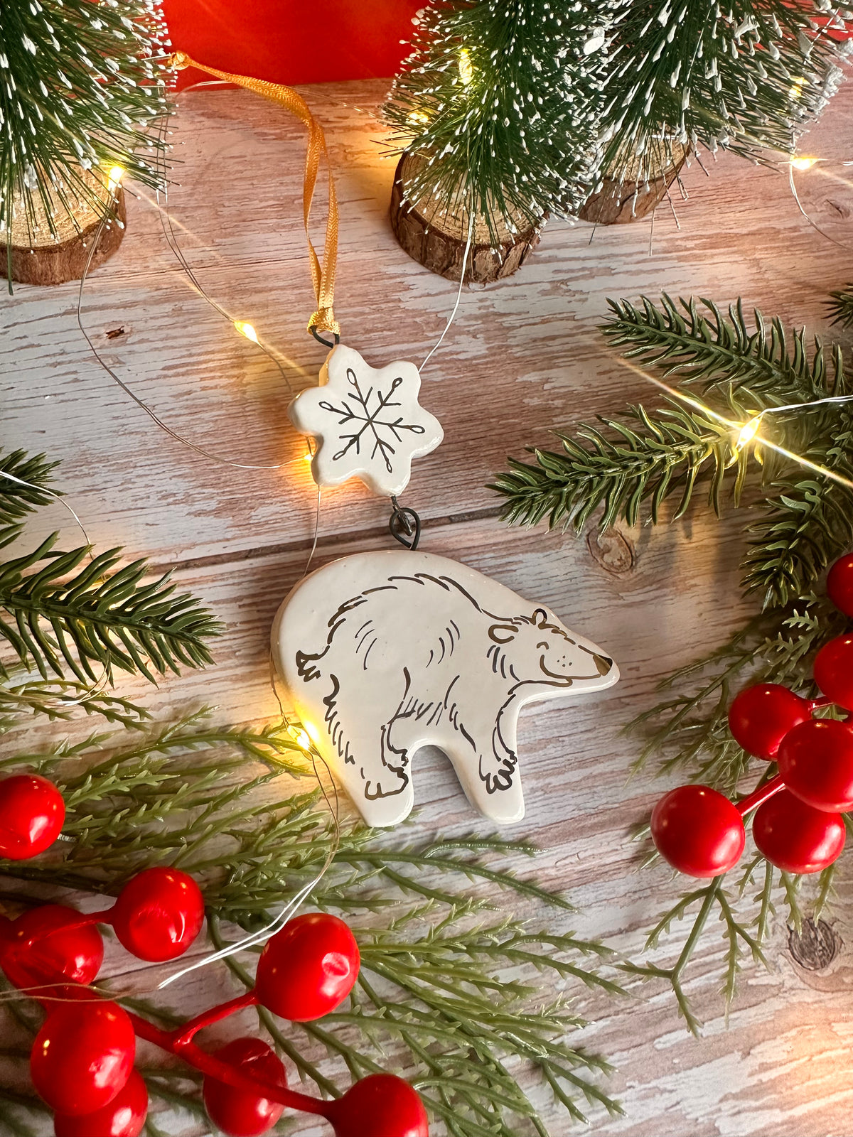 Golden Polar Bear and Snowflake Hanging Decoration