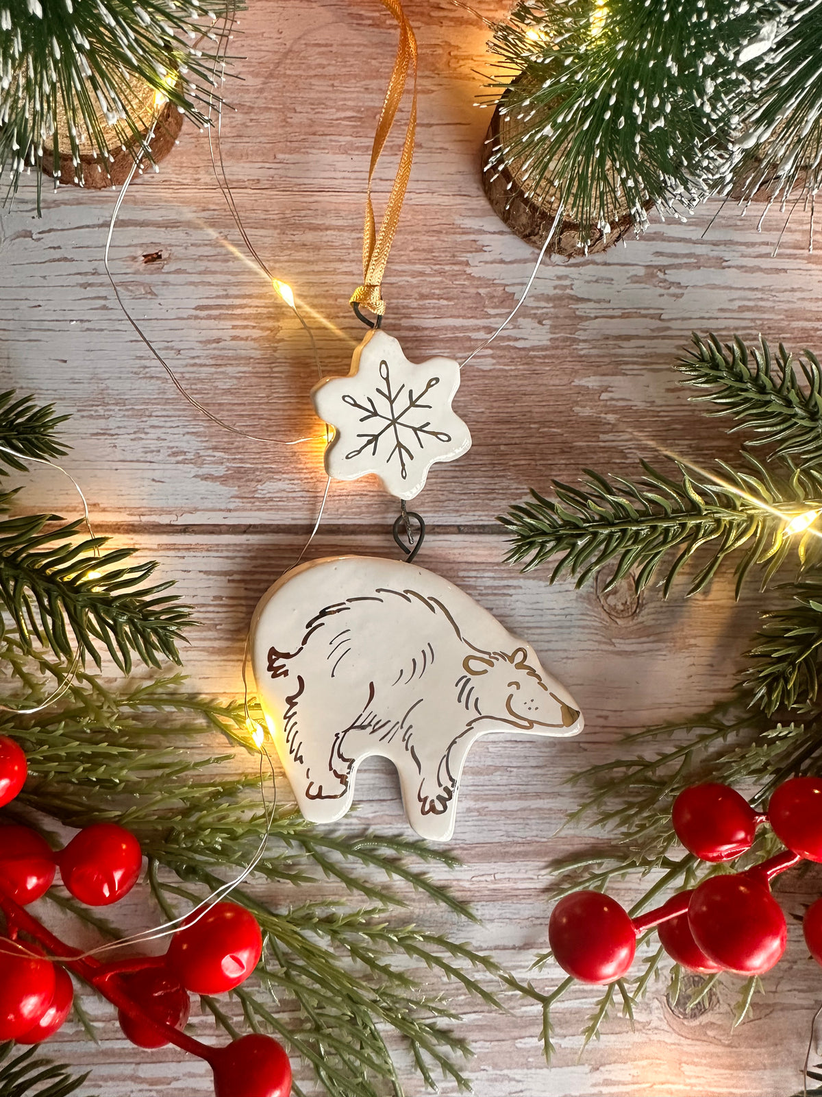 Golden Polar Bear and Snowflake Hanging Decoration