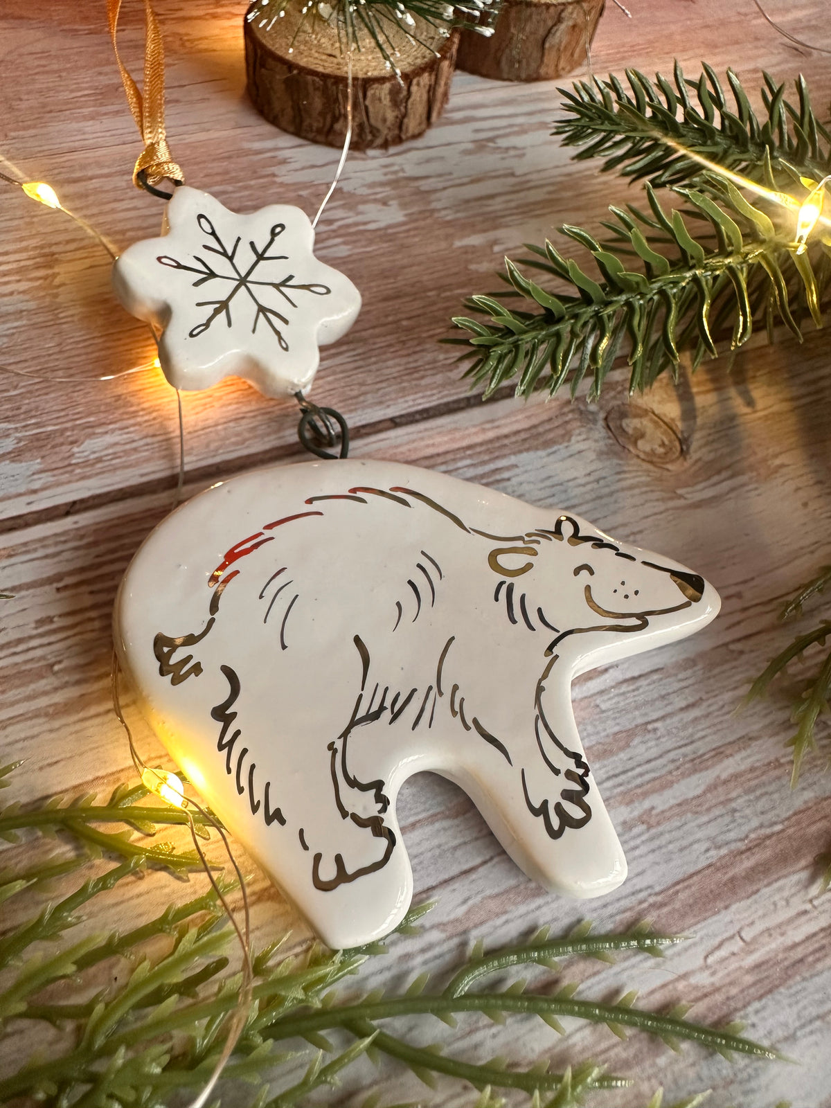 Golden Polar Bear and Snowflake Hanging Decoration