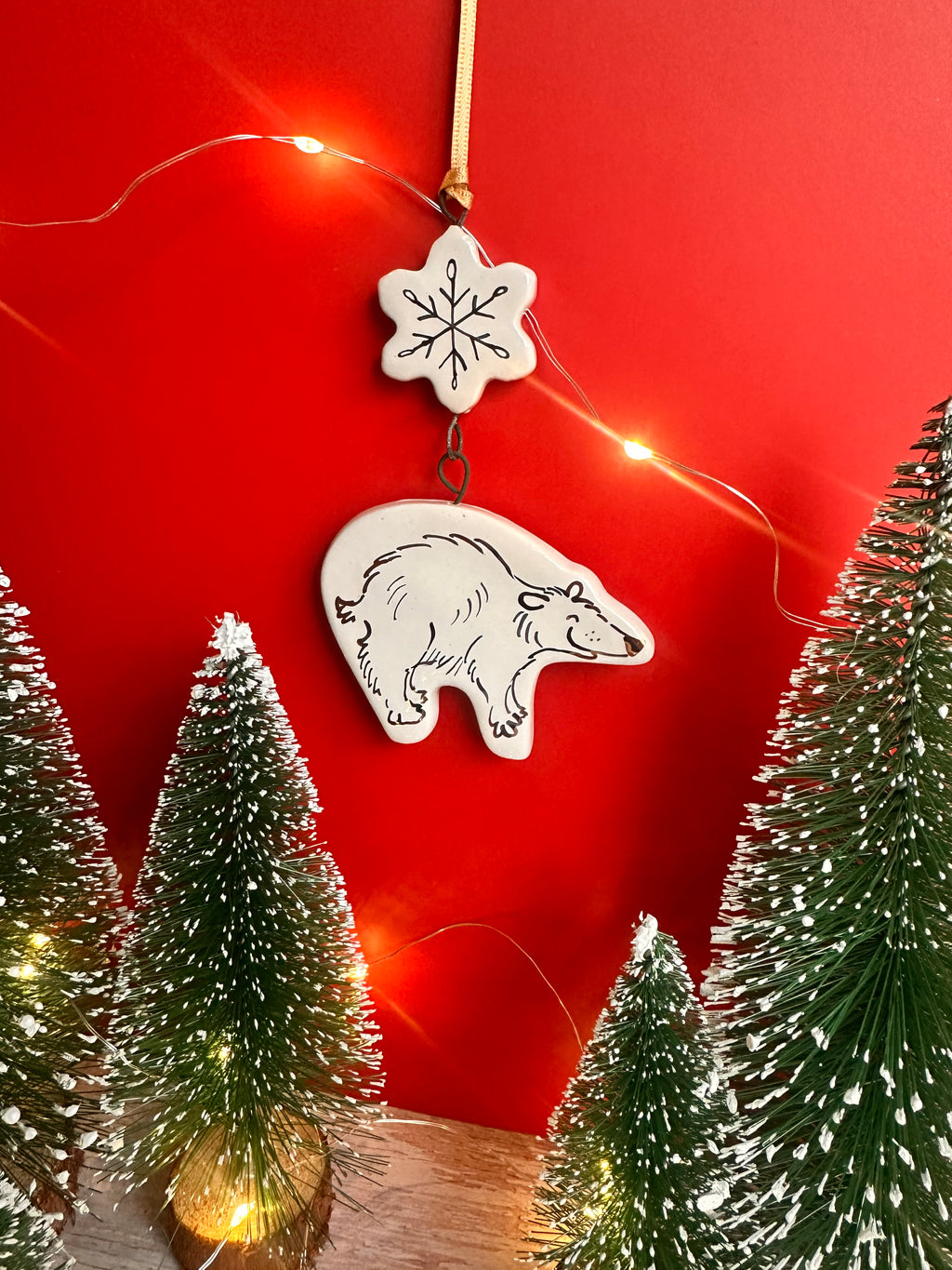 Golden Polar Bear and Snowflake Hanging Decoration