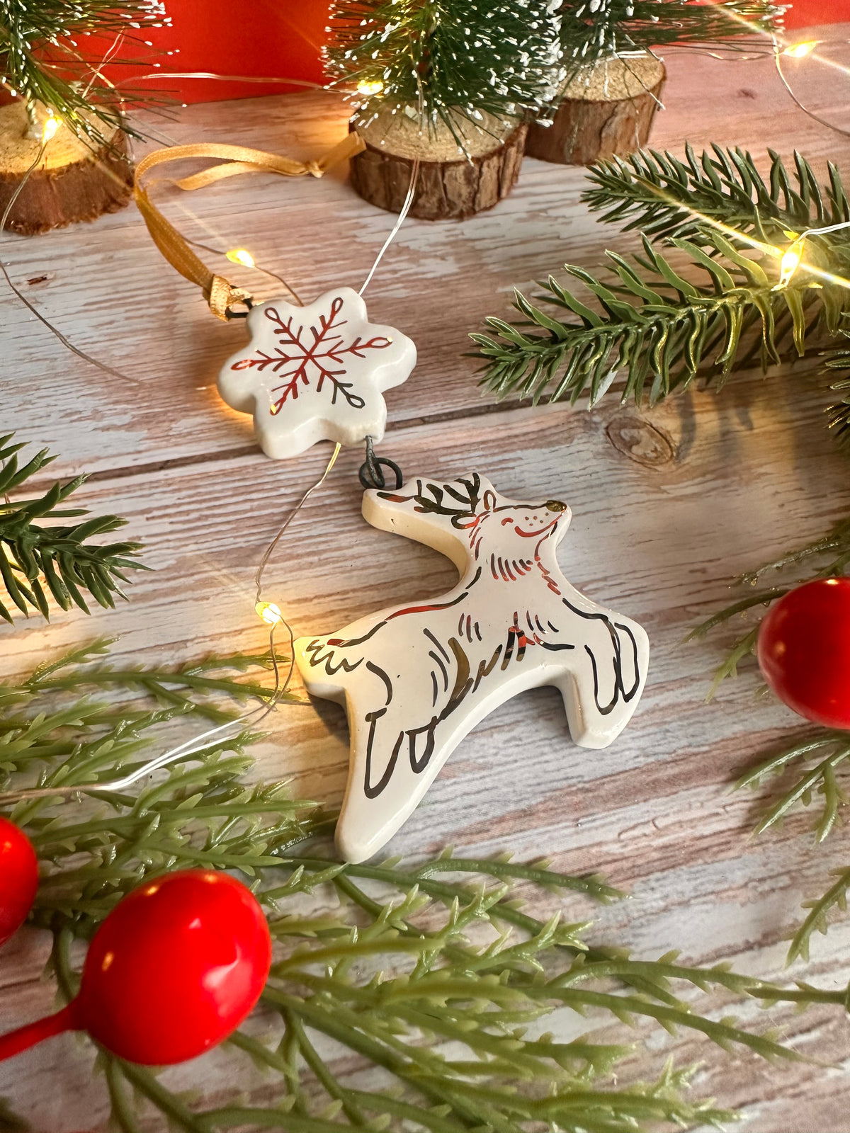 Golden Reindeer and Snowflake Hanging Decoration