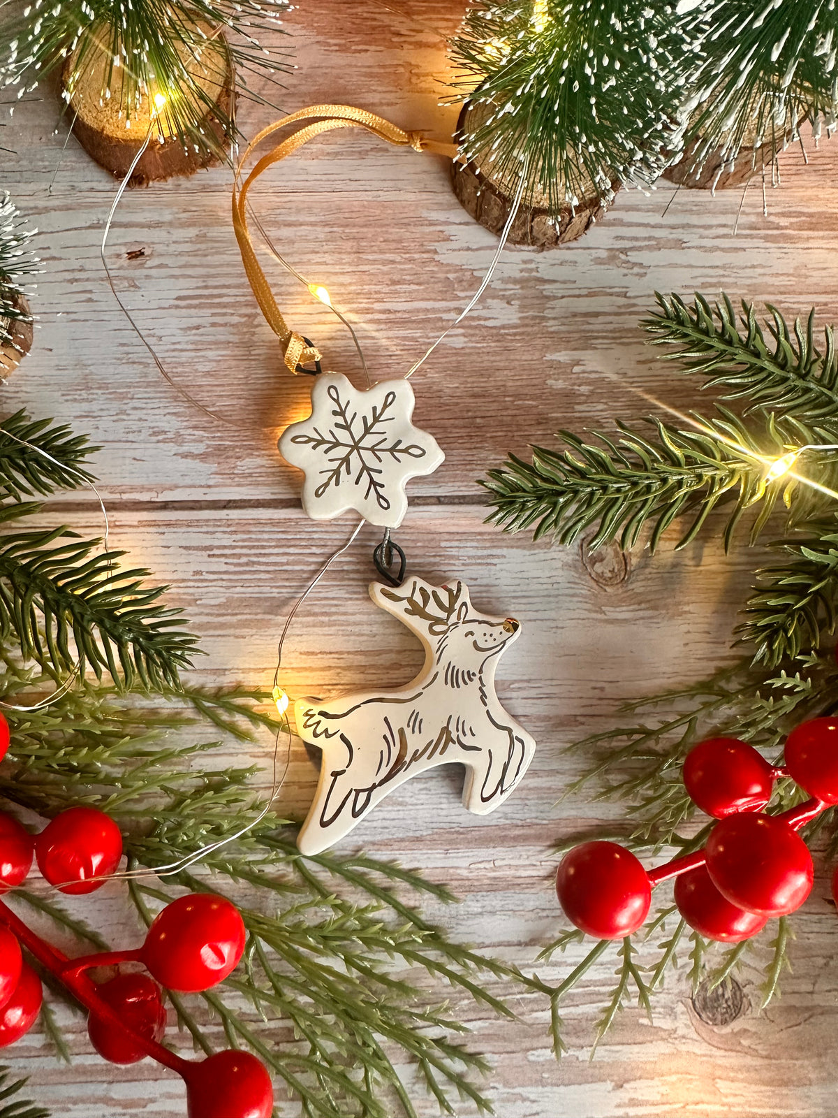 Golden Reindeer and Snowflake Hanging Decoration