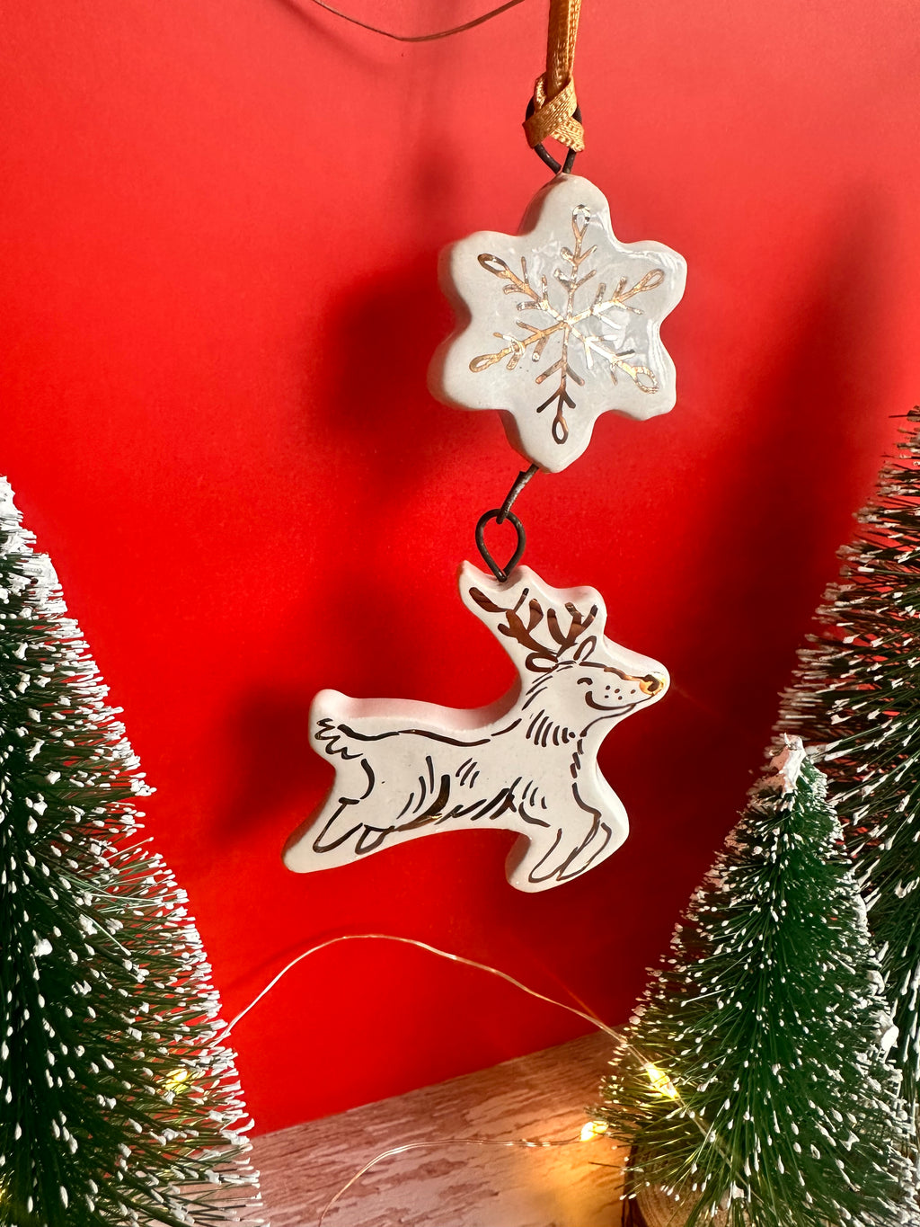 Golden Reindeer and Snowflake Hanging Decoration