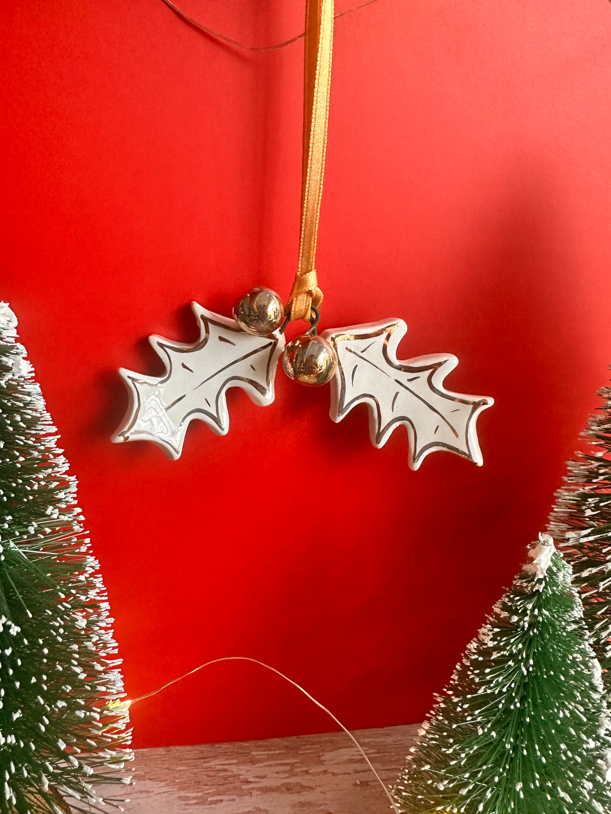Gold-Lustred Holly & Berries Hanging Decoration
