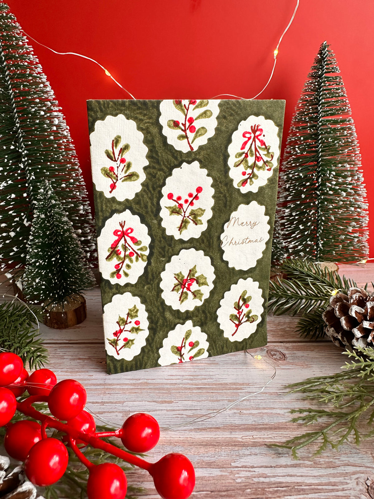 Green Scallop Tile Holly and Berries Cotton Christmas Card