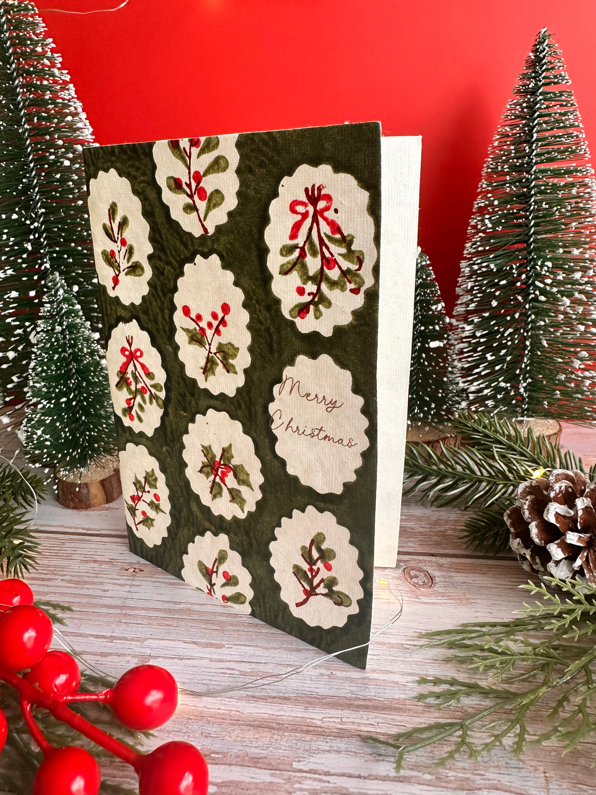 Green Scallop Tile Holly and Berries Cotton Christmas Card