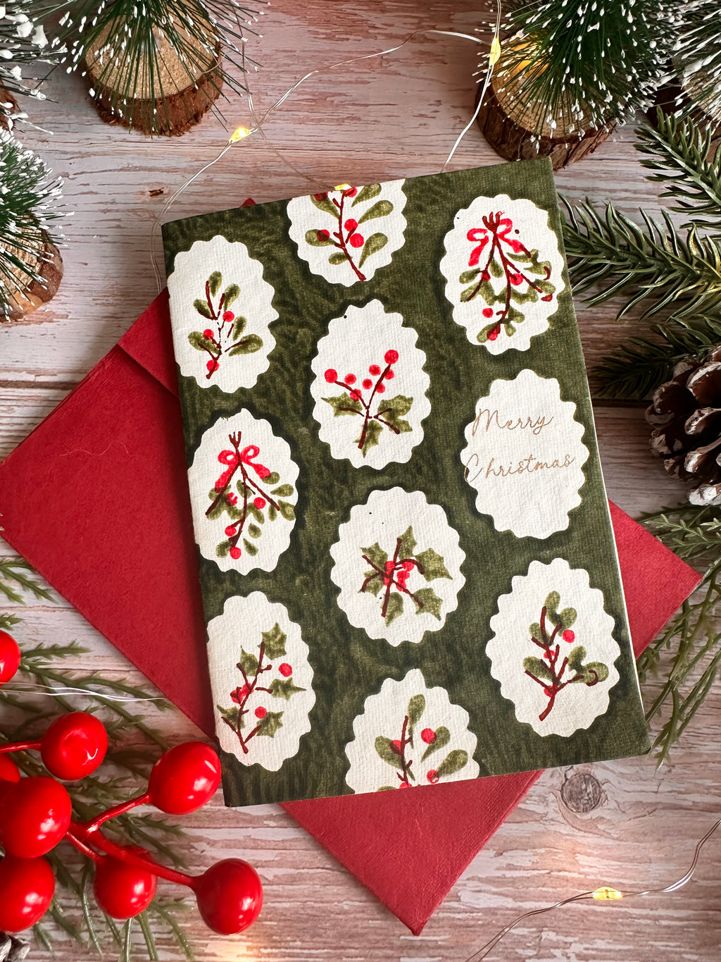 Green Scallop Tile Holly and Berries Cotton Christmas Card