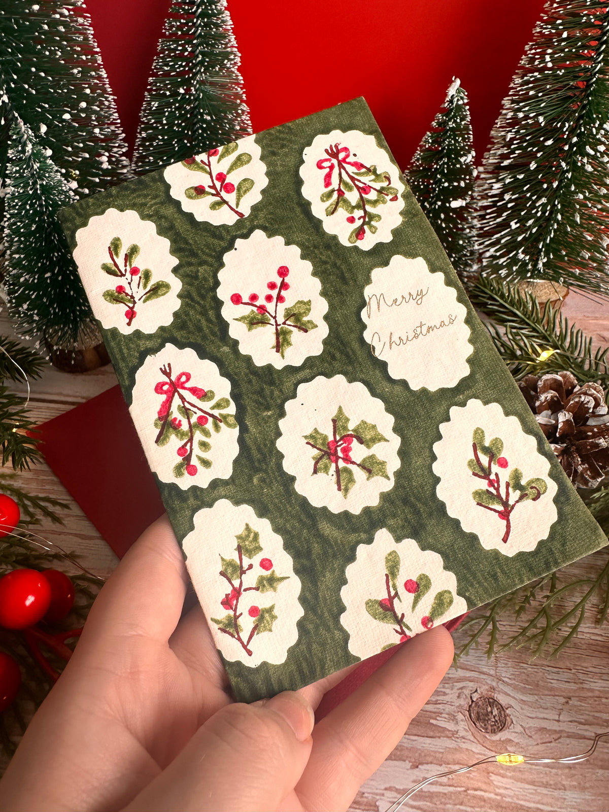 Green Scallop Tile Holly and Berries Cotton Christmas Card