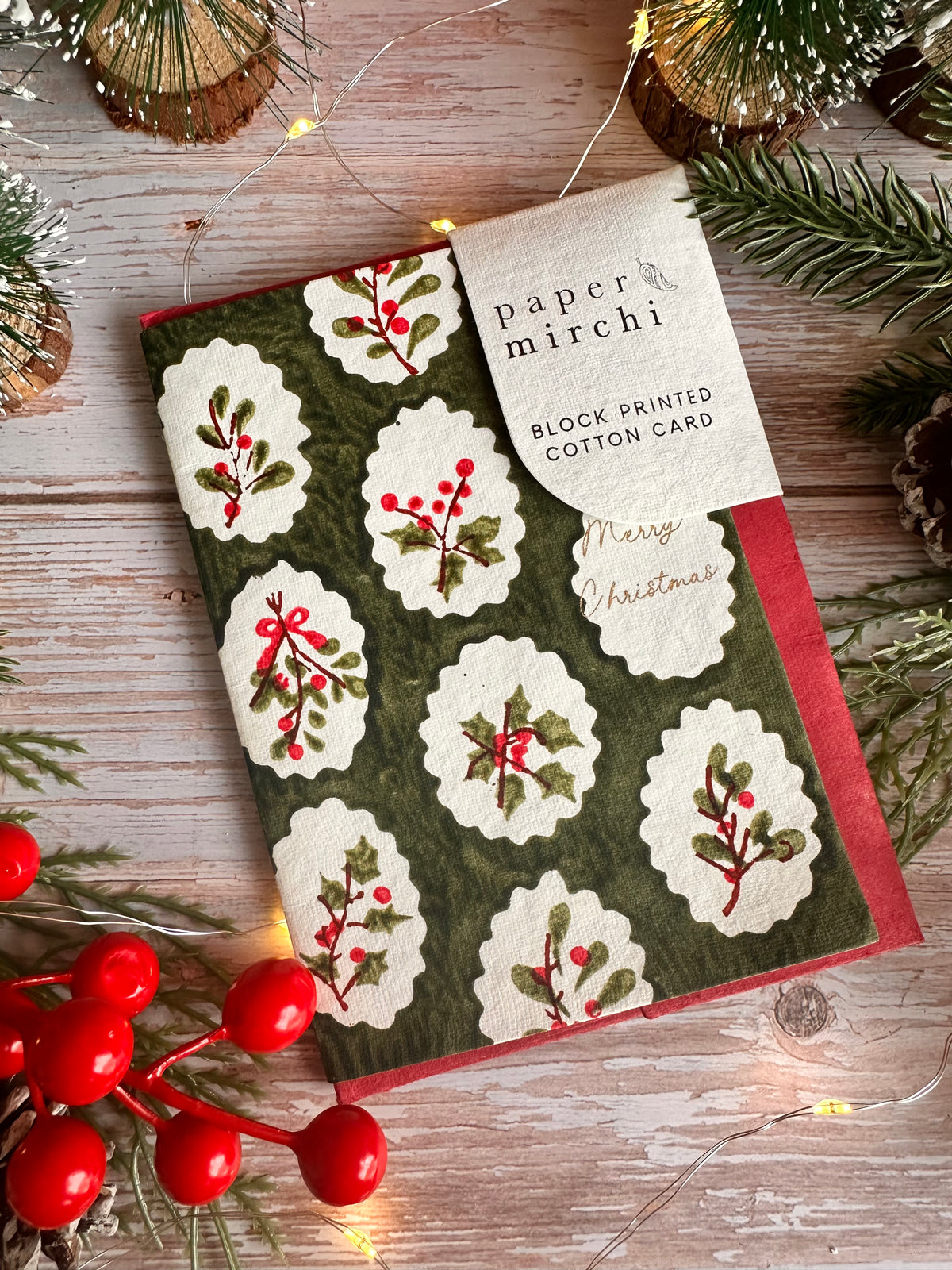 Green Scallop Tile Holly and Berries Cotton Christmas Card