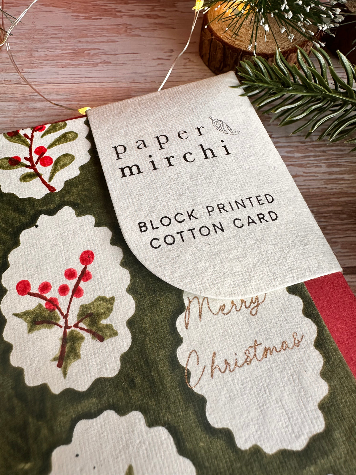 Green Scallop Tile Holly and Berries Cotton Christmas Card
