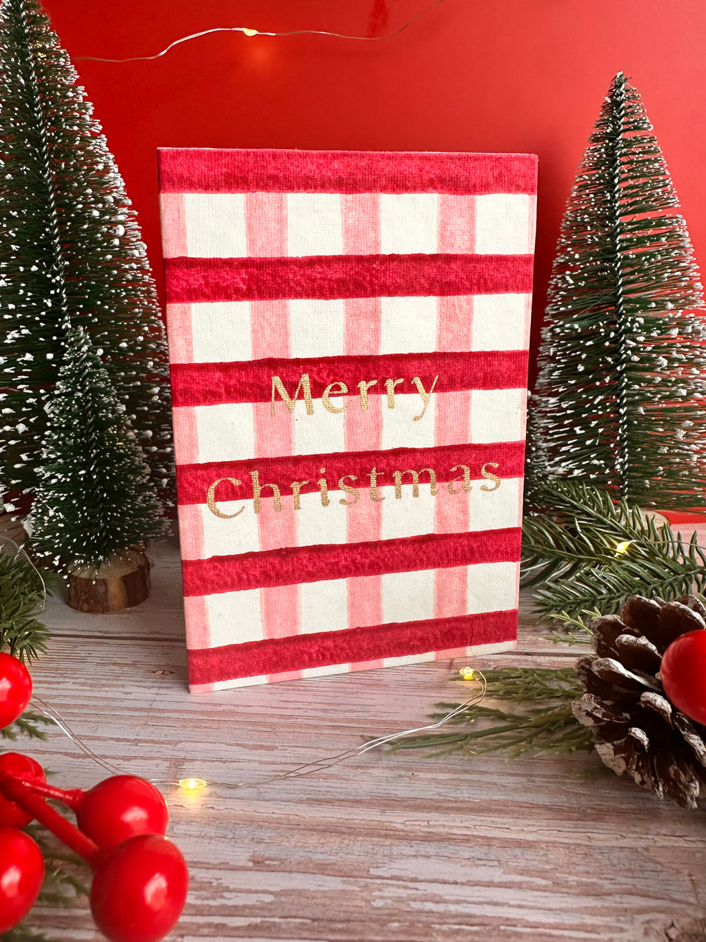Red and Pink Gingham Cotton Christmas Card