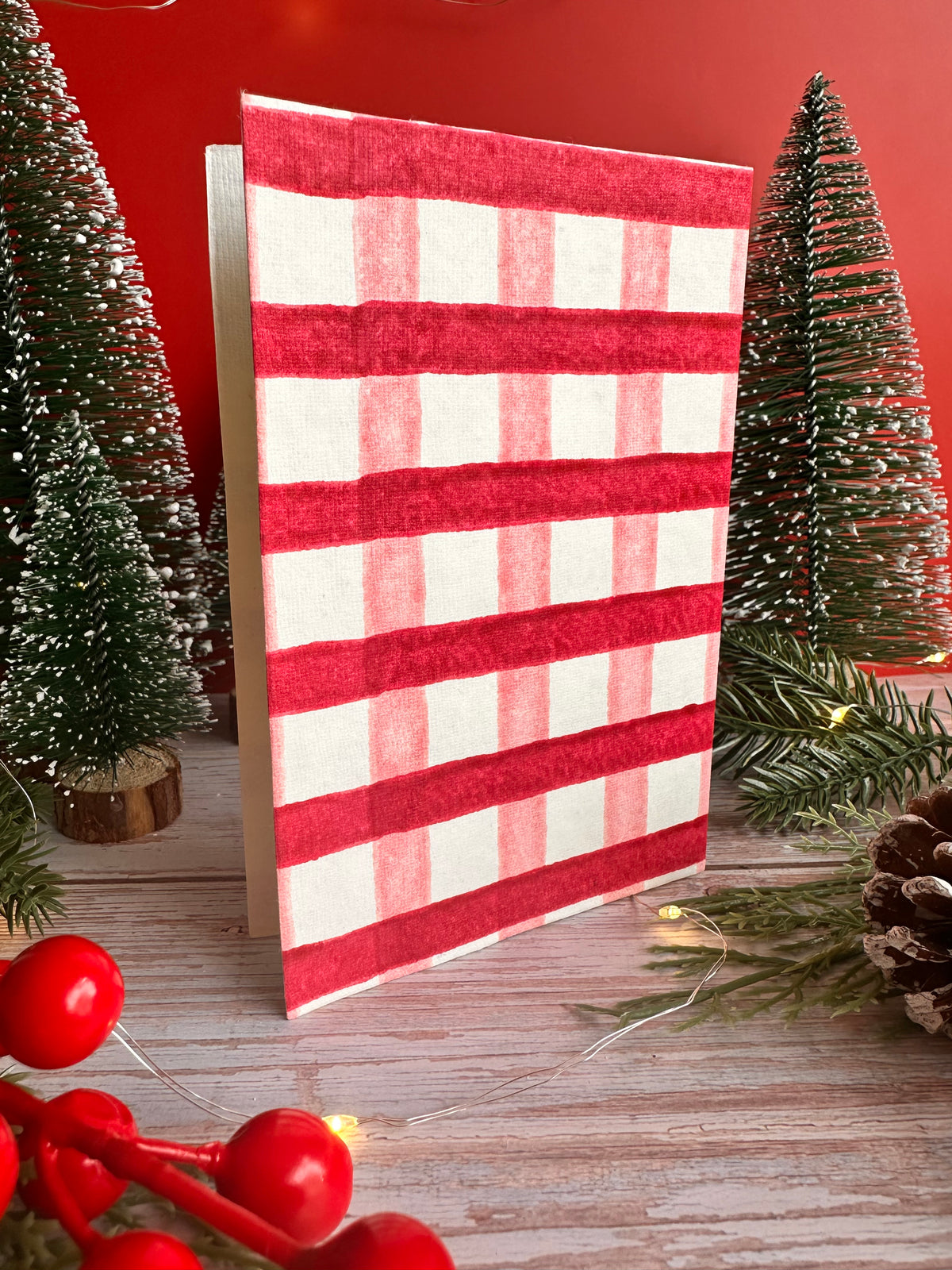 Red and Pink Gingham Cotton Christmas Card