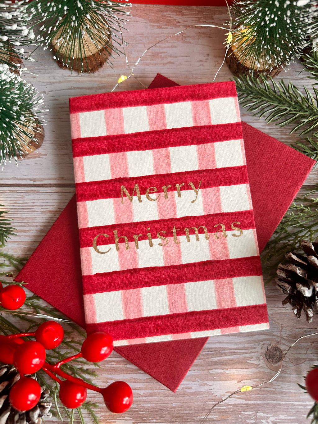 Red and Pink Gingham Cotton Christmas Card