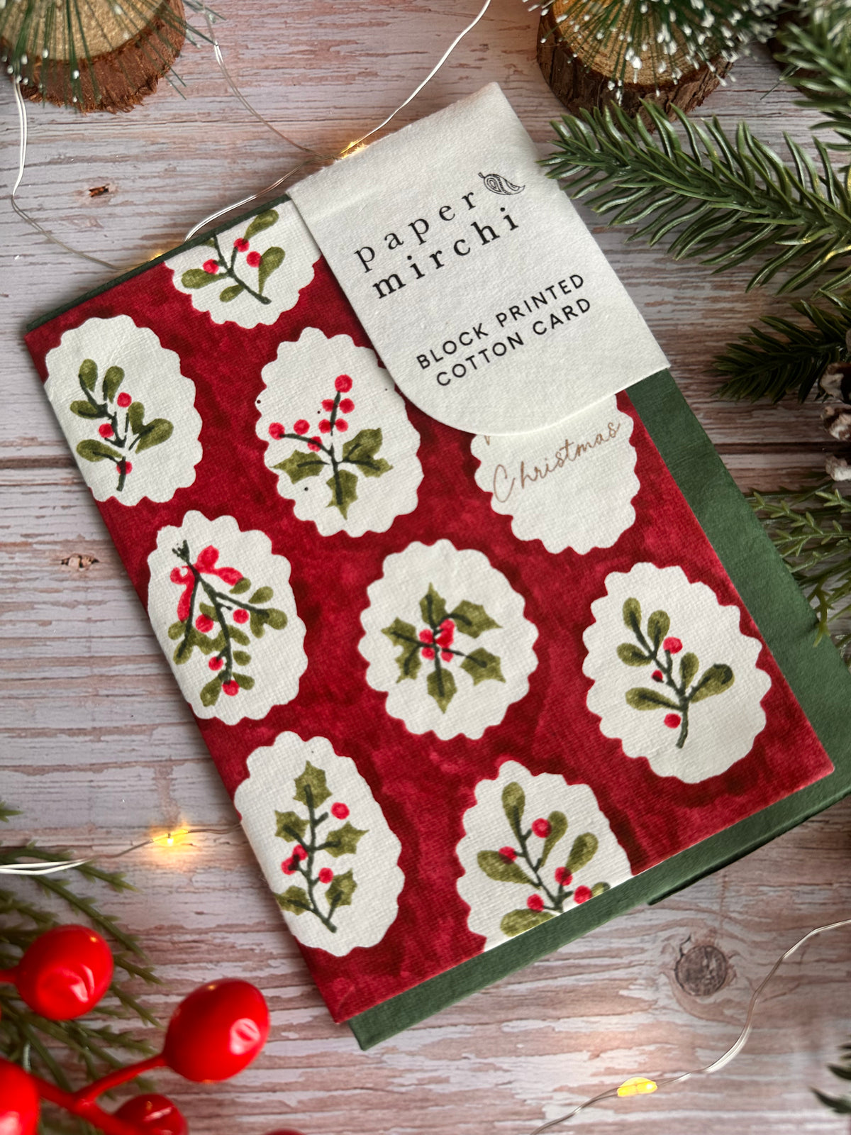 Red Scallop Tile Holly and Berries Cotton Christmas Card