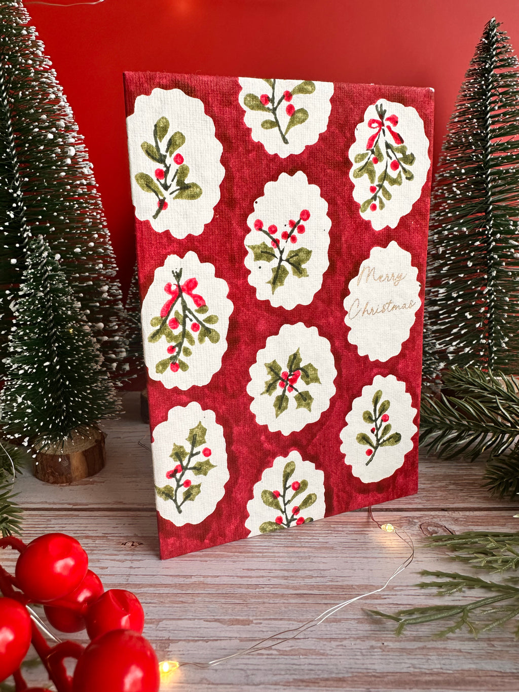 Red Scallop Tile Holly and Berries Cotton Christmas Card