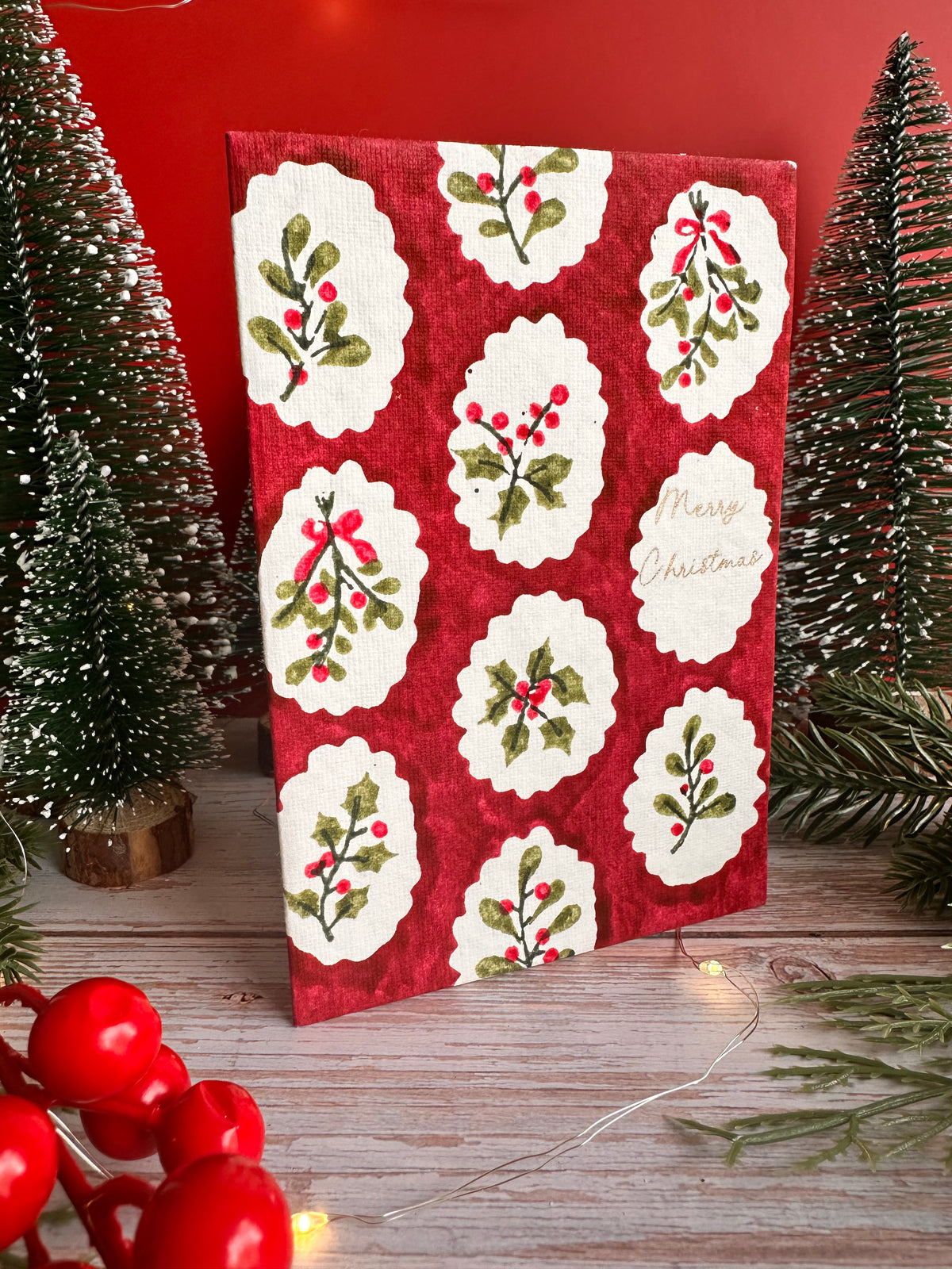 Red Scallop Tile Holly and Berries Cotton Christmas Card