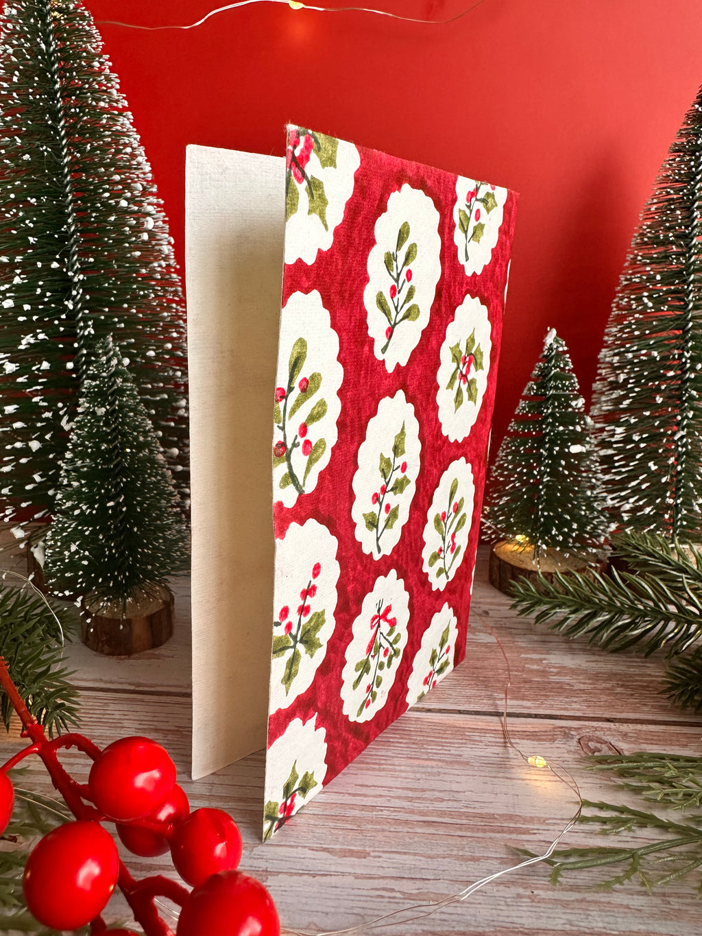 Red Scallop Tile Holly and Berries Cotton Christmas Card