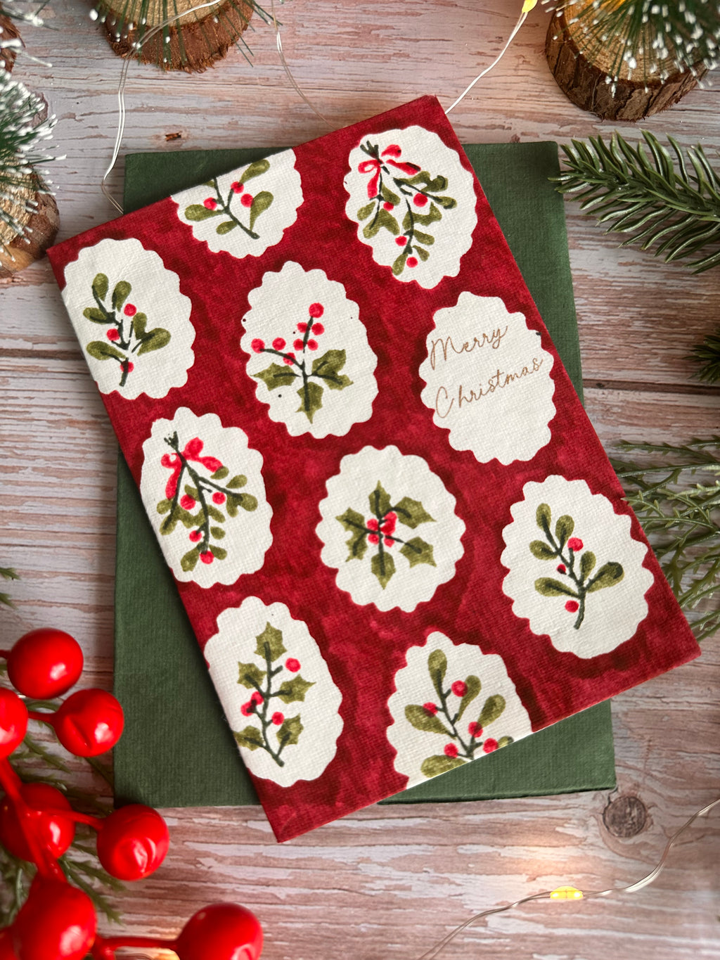 Red Scallop Tile Holly and Berries Cotton Christmas Card
