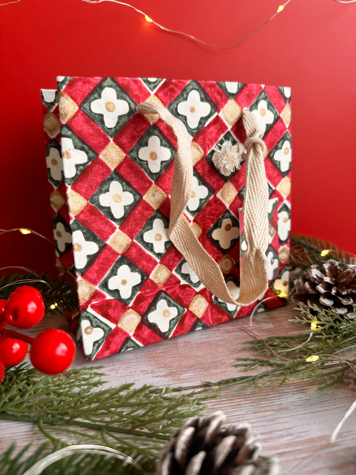 Scarlet Floral Checks Block Printed Gift Bag