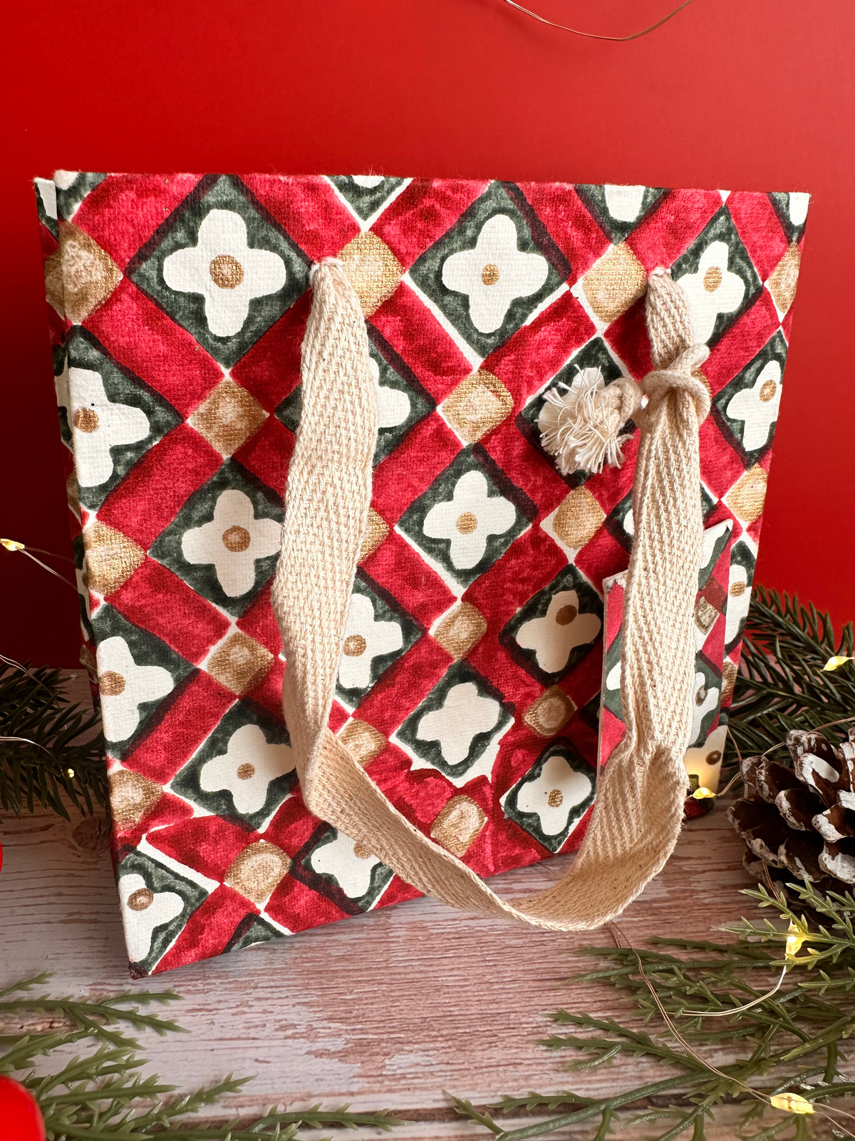 Scarlet Floral Checks Block Printed Gift Bag