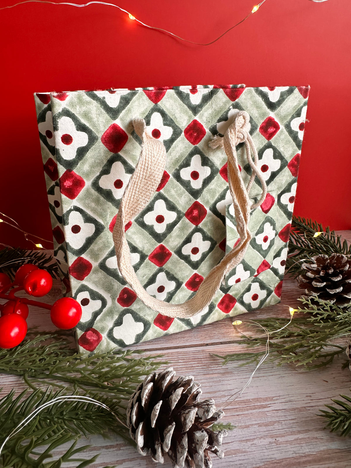 Sage Floral Checks Block Printed Gift Bag