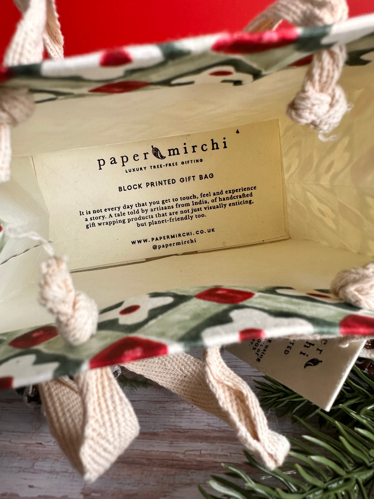 Sage Floral Checks Block Printed Gift Bag
