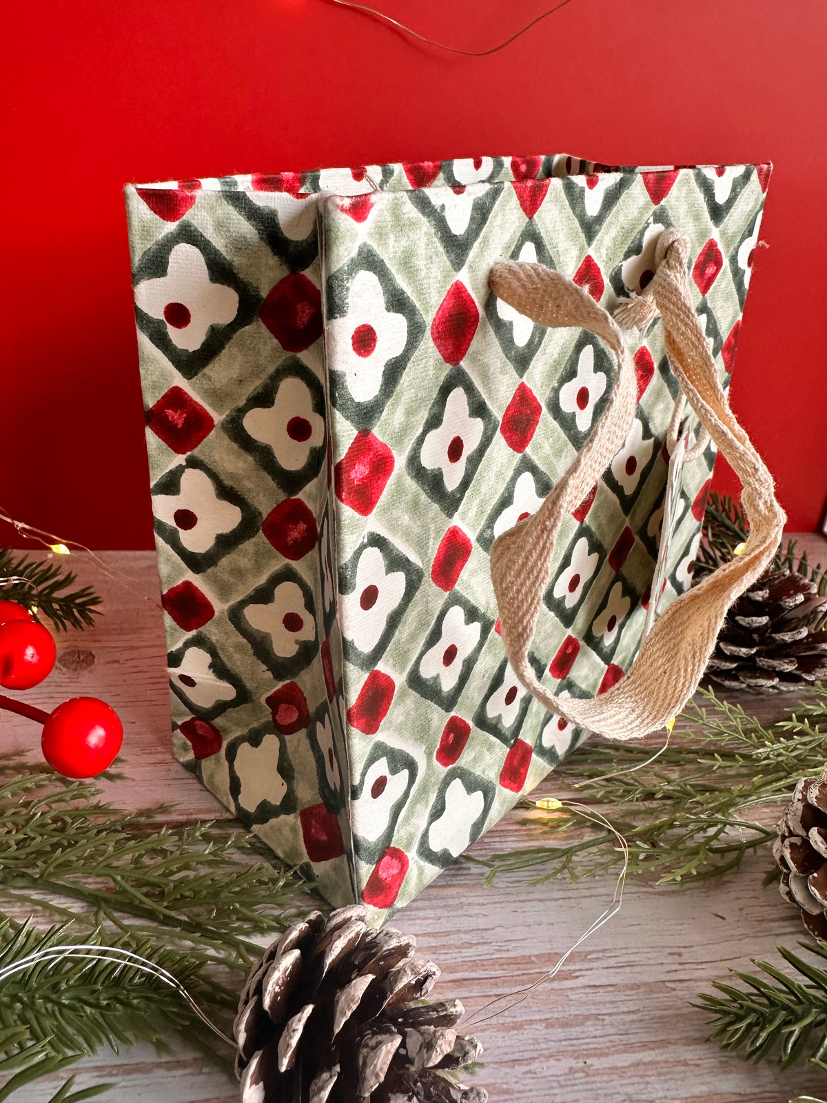 Sage Floral Checks Block Printed Gift Bag