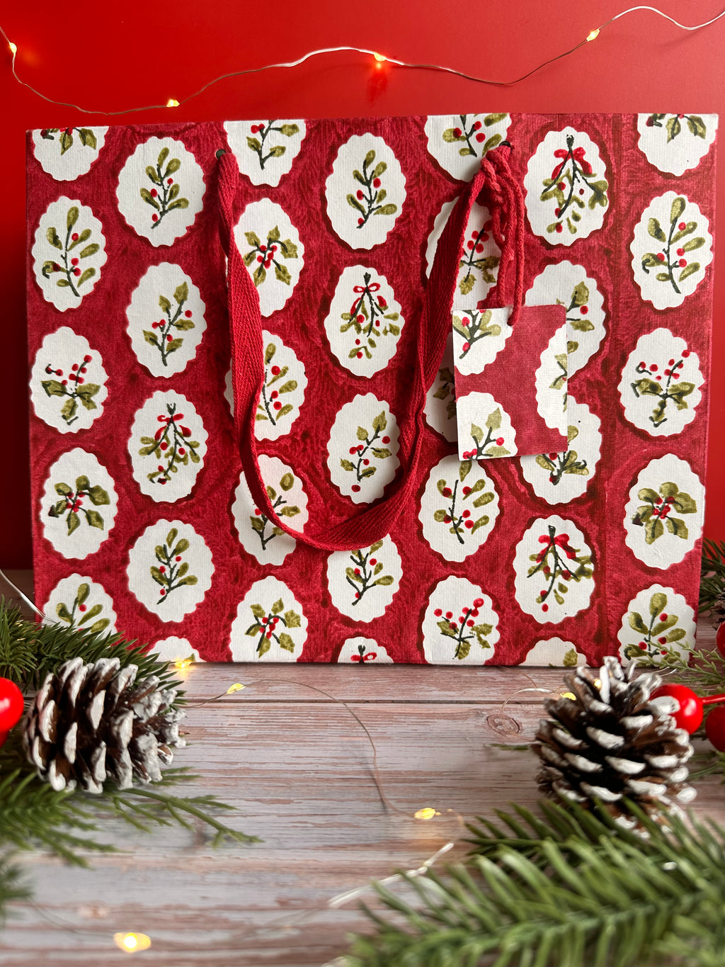 Scallop Tiles Holly and Berries Block Printed Medium Gift Bag