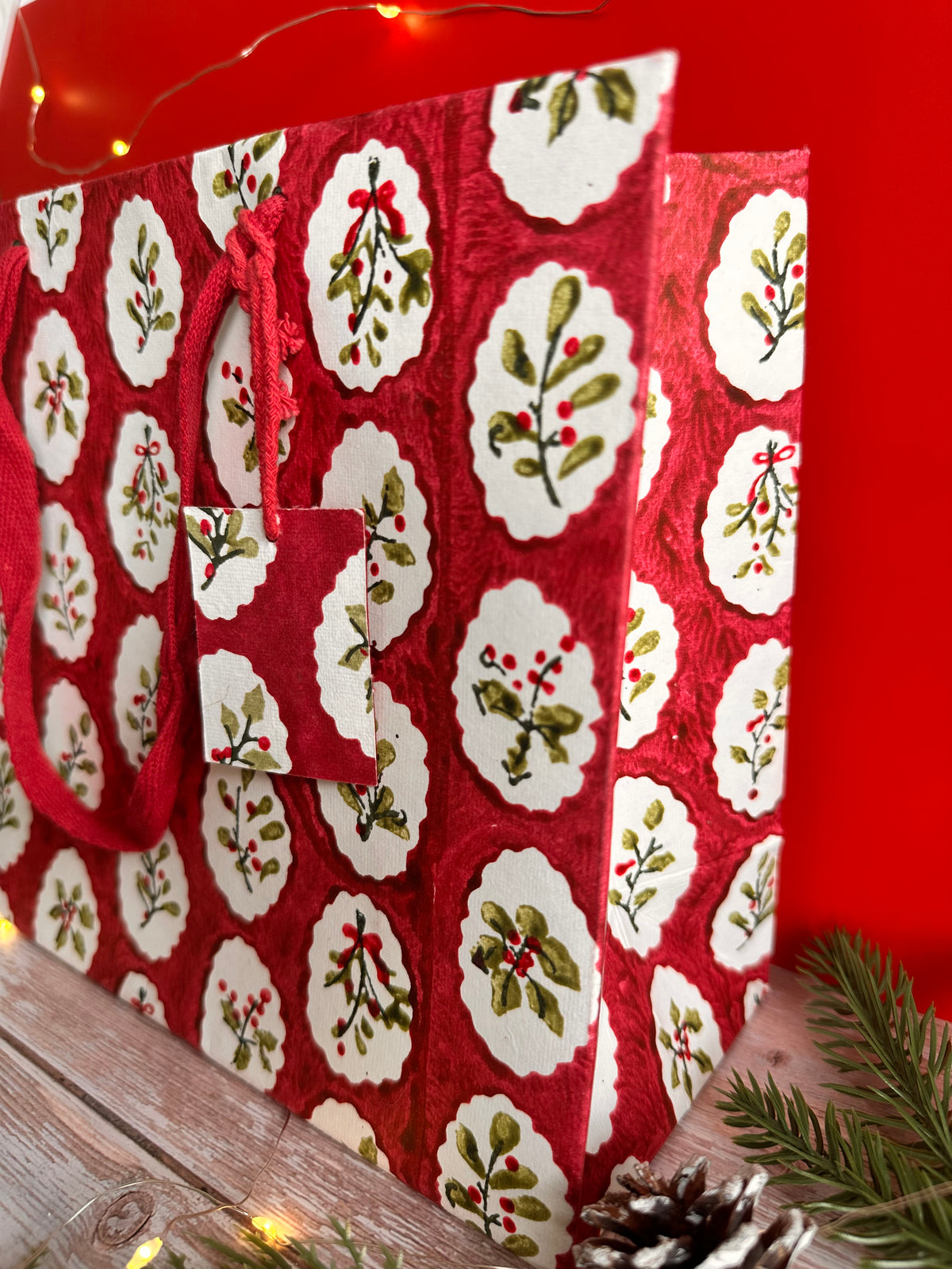 Scallop Tiles Holly and Berries Block Printed Medium Gift Bag