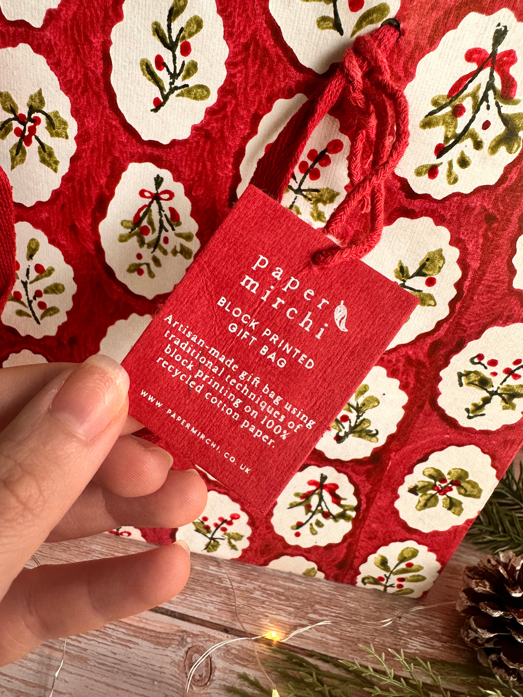 Scallop Tiles Holly and Berries Block Printed Medium Gift Bag