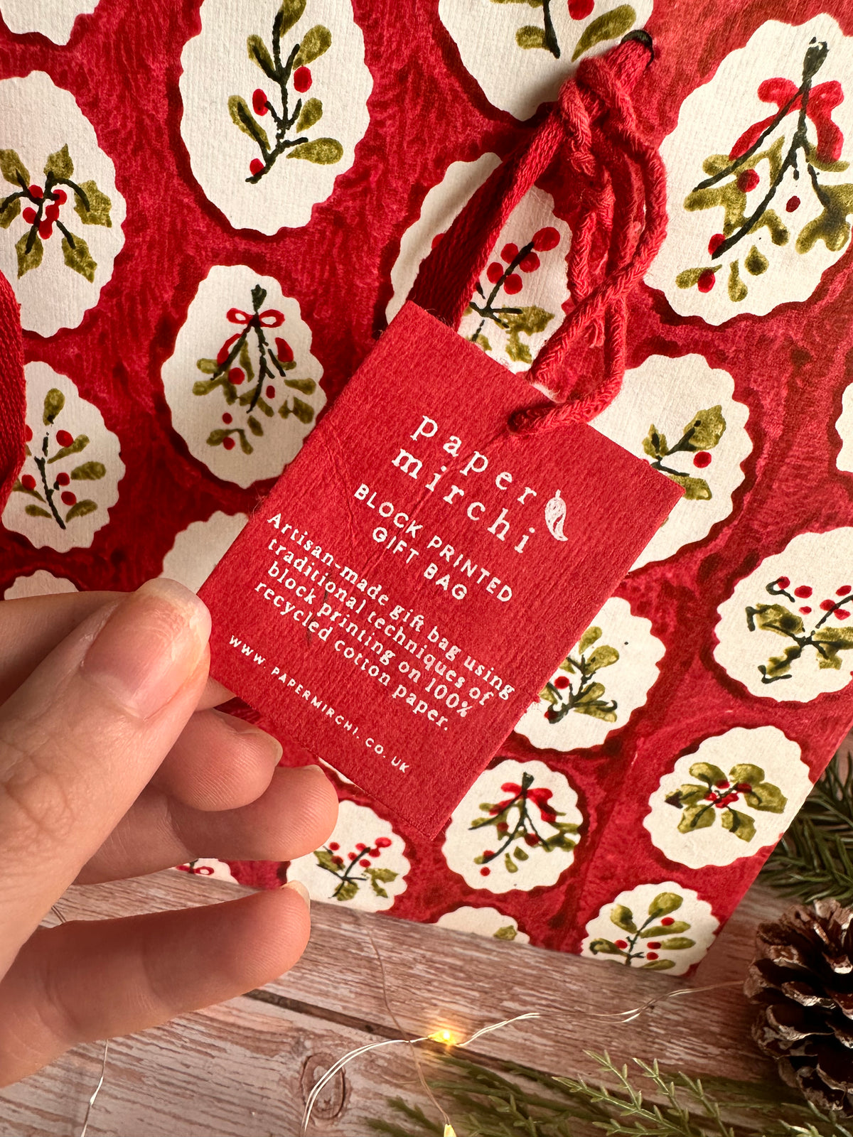 Scallop Tiles Holly and Berries Block Printed Medium Gift Bag