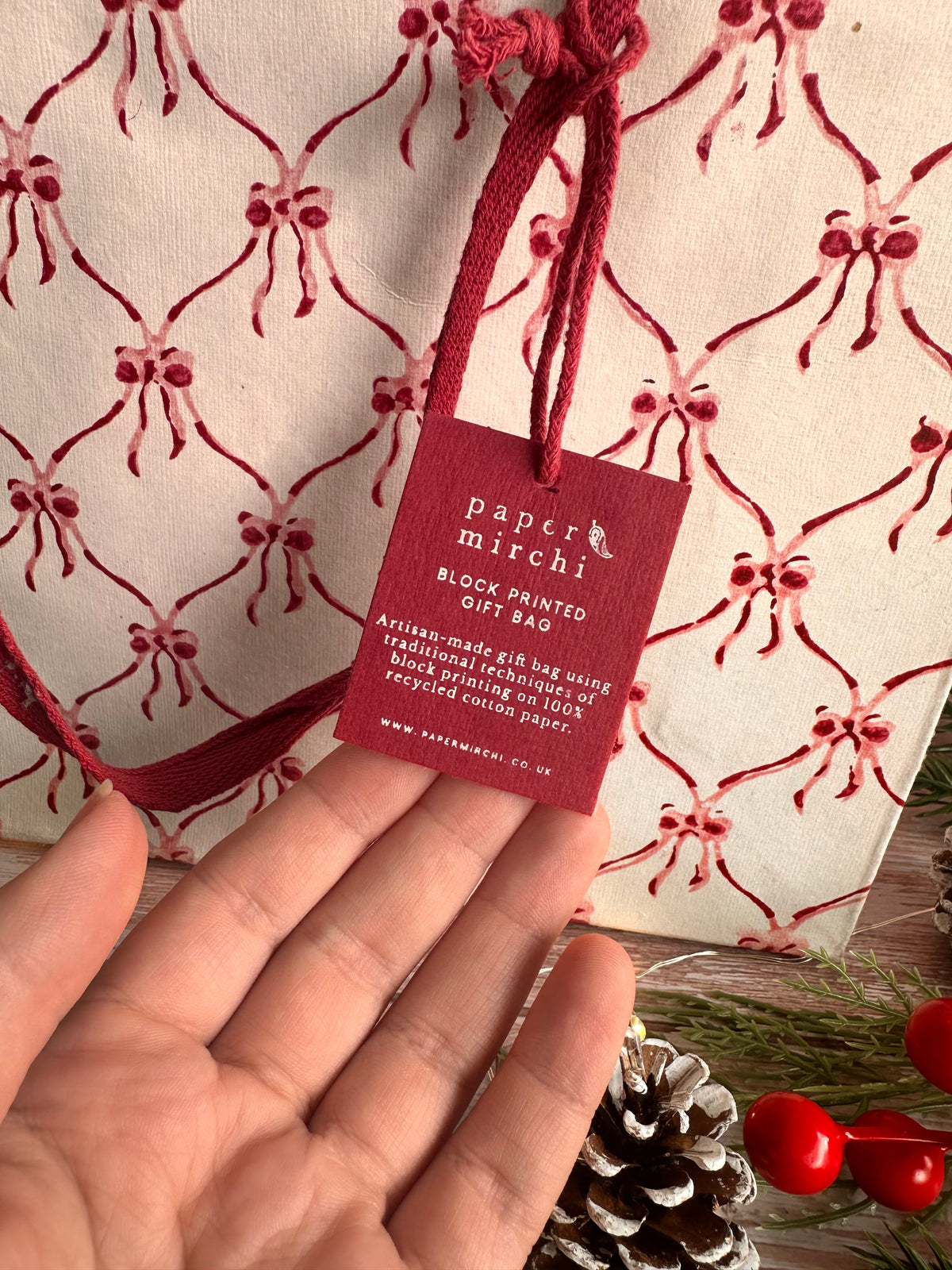 Delicate Pink Bow Block Printed Medium Gift Bag