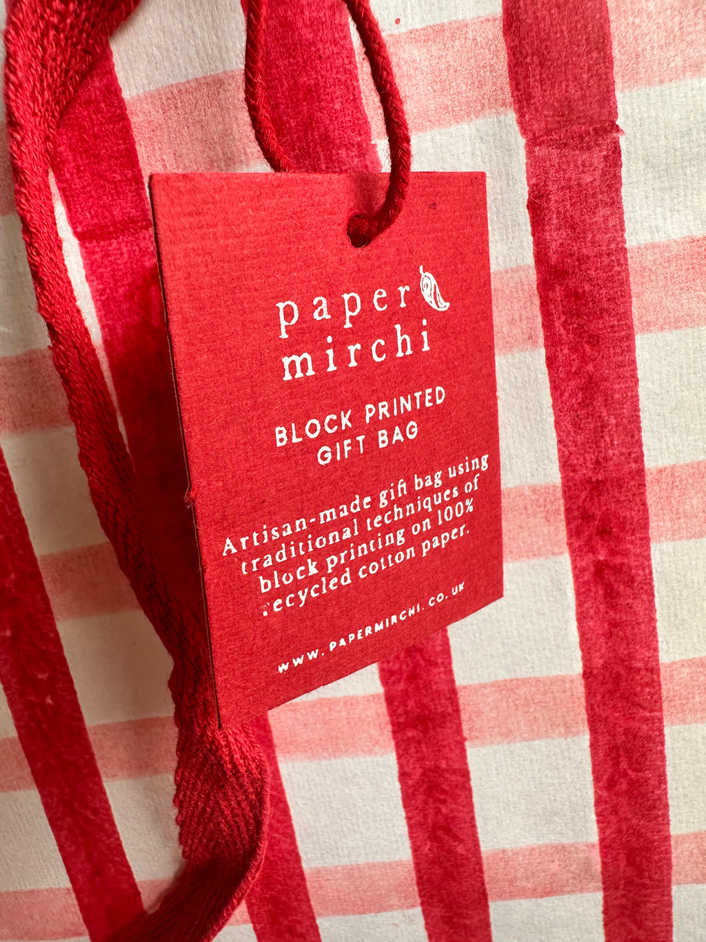 Bold Red and Pink Gingham Block Printed Medium Gift Bag