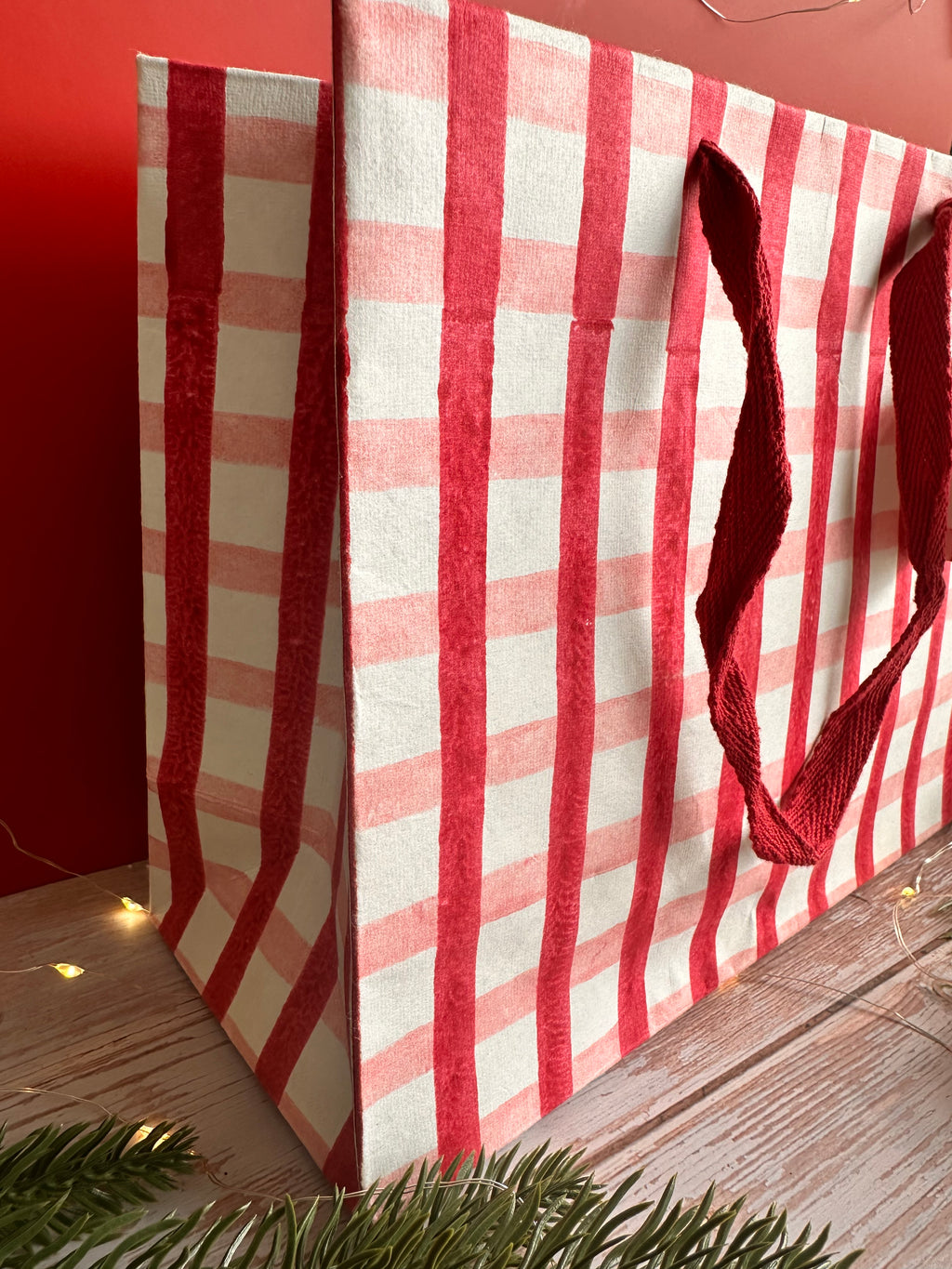Bold Red and Pink Gingham Block Printed Medium Gift Bag