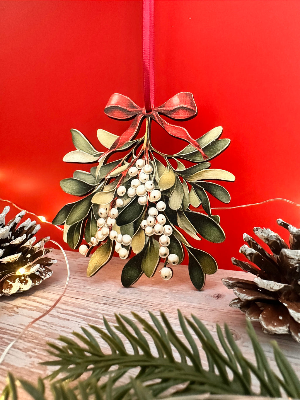 Beautiful Wooden Mistletoe Bough Hanging Decoration