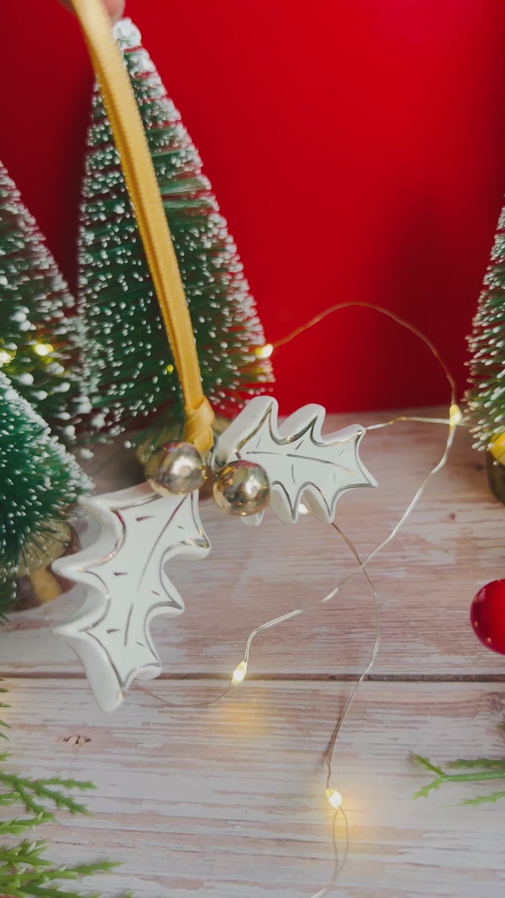 Gold-Lustred Holly & Berries Hanging Decoration