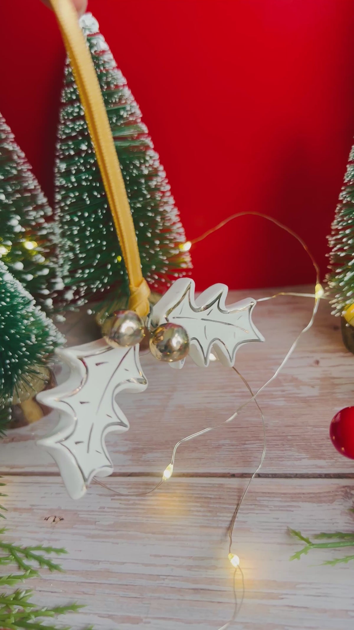 Gold-Lustred Holly & Berries Hanging Decoration