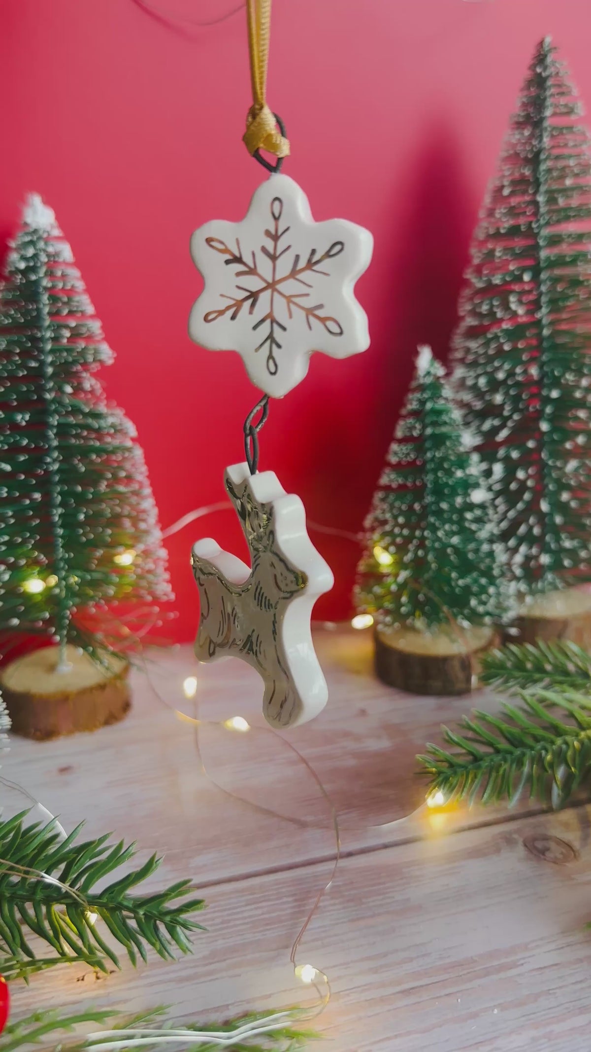 Golden Reindeer and Snowflake Hanging Decoration